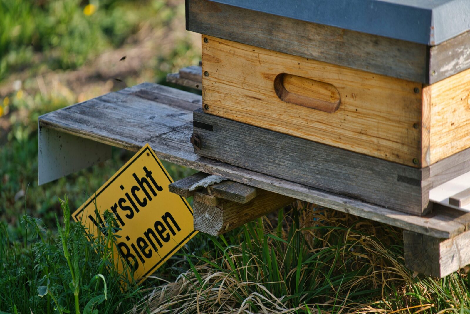 Close-up of a beehive with a 'Vorsicht Bienen' warning sign in a garden setting.